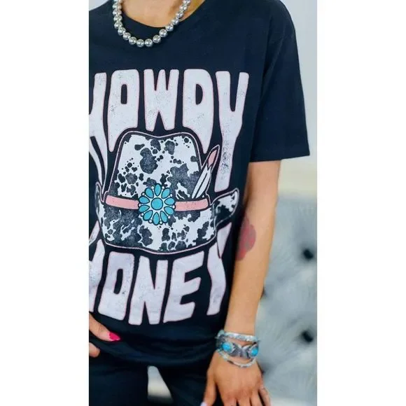 SALE! Howdy Honey Turquoise Accent Graphic Tee Boho Country Vintage Black - Picture 2 of 3